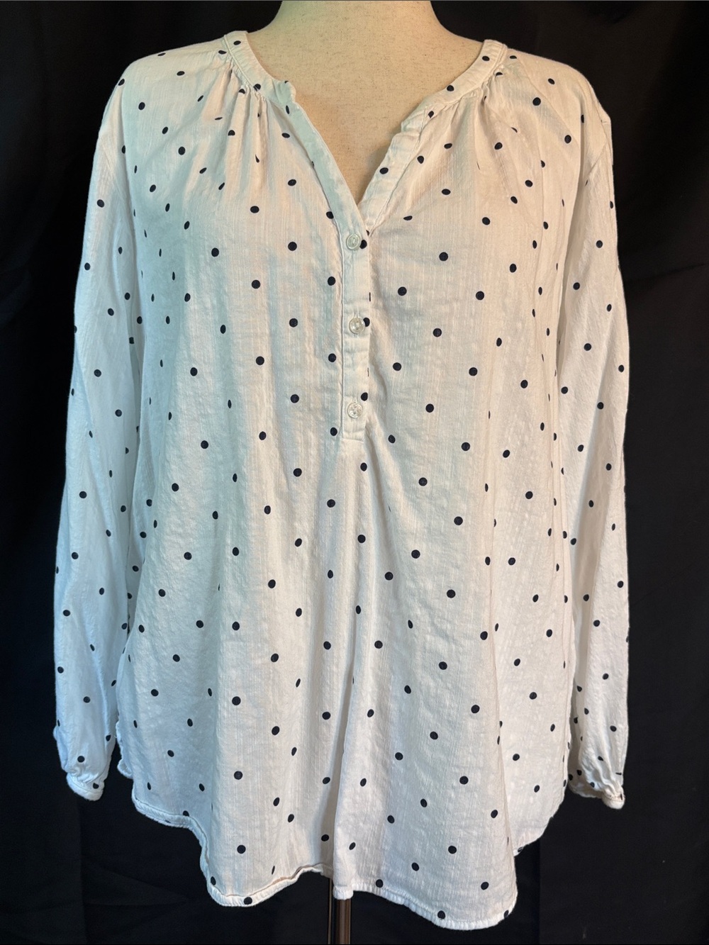 Old Navy White Long-Sleeve Blouse with Navy Polka Dots